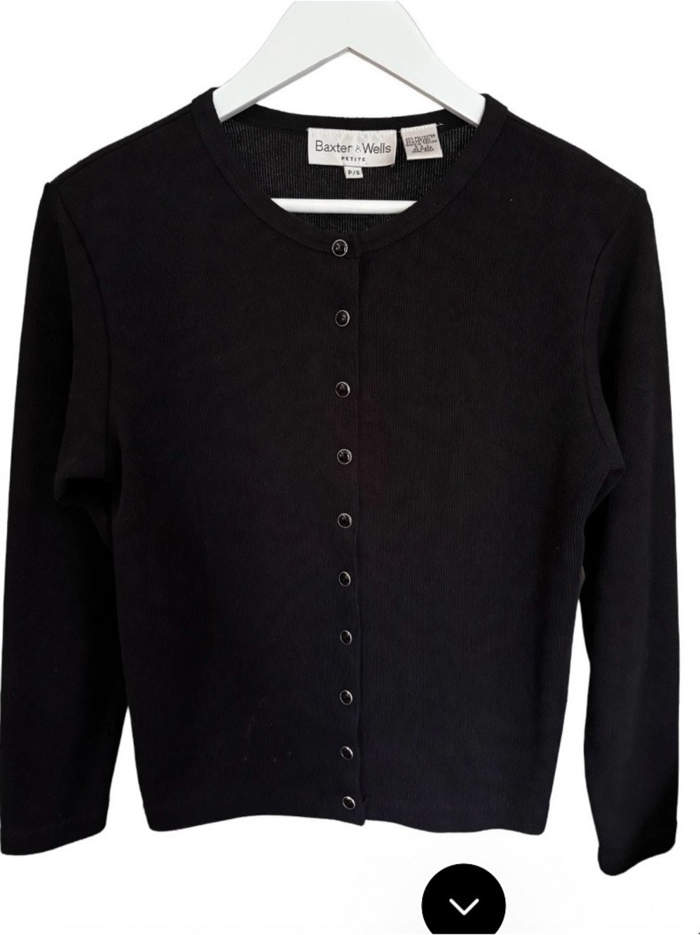 Baxter & Wells 90’s Petite Black Button-Front Crewneck Snap Cardigan